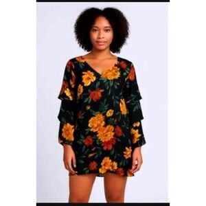 Charlotte Russe Floral V-Neck Mini Dress Black Orange Ruffle Sleeve R8599 ~Large